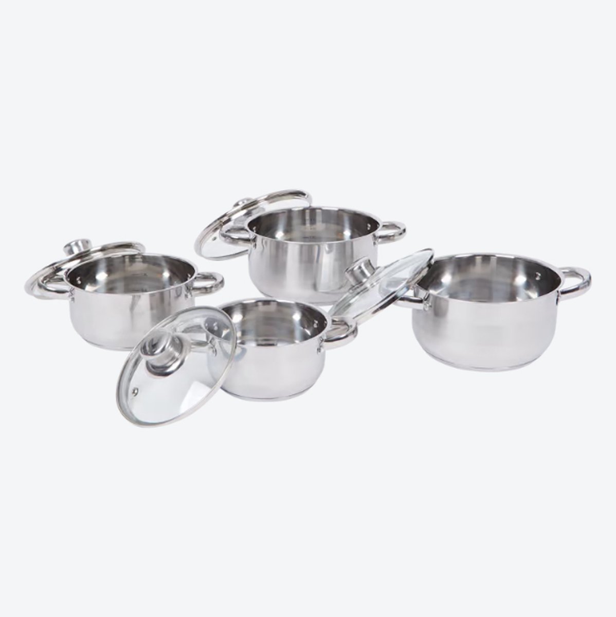 Set de 4 marmites en acier inoxydable avec couvercles. Dim