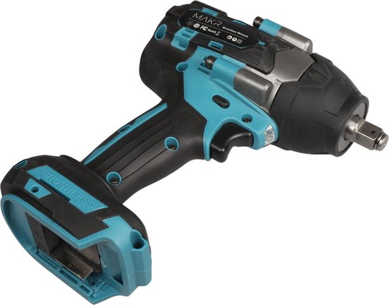 Makr 18V borstelloze slagmoersleutel met blauwe en zwarte accenten, accu.
