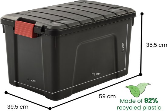 Boîte de rangement noire en plastique avec dimensions indiquées sur le côté.