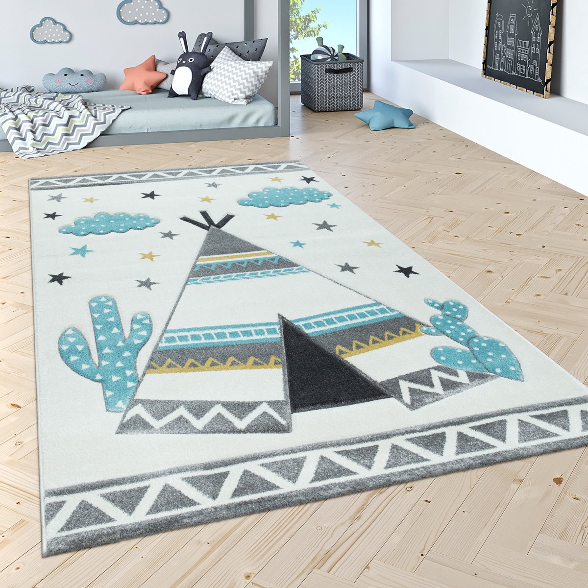 Paco Home Tapis De Salon Poils Ras Abstrait Look Chiné Moderne Pastel Creme Bleu 57384100