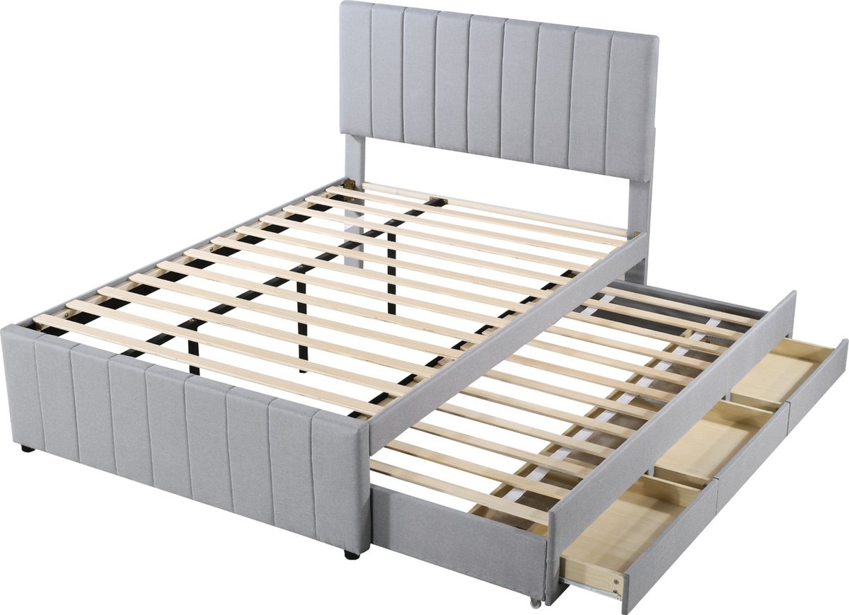 Merax Gestoffeerd Tweepersoonsbed 140x200 cm met extra Uitschuifbaar Bed 90x190 cm en 3 Lades - Huidvriendelijke Linnen Bedframe - Grijs