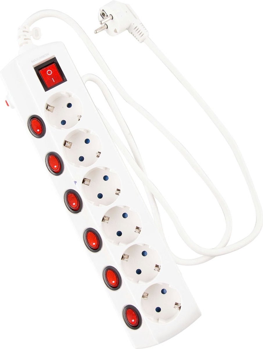 TAFELCONTACTDOOS 6 VOUDIG - MET ELKE CONTACT EEN SCHAKELAAR - WIT - 1.5 METER KABEL - 6 GEAARDE CONTACTEN / 7 SCHAKELAARS - VERLENGSNOER