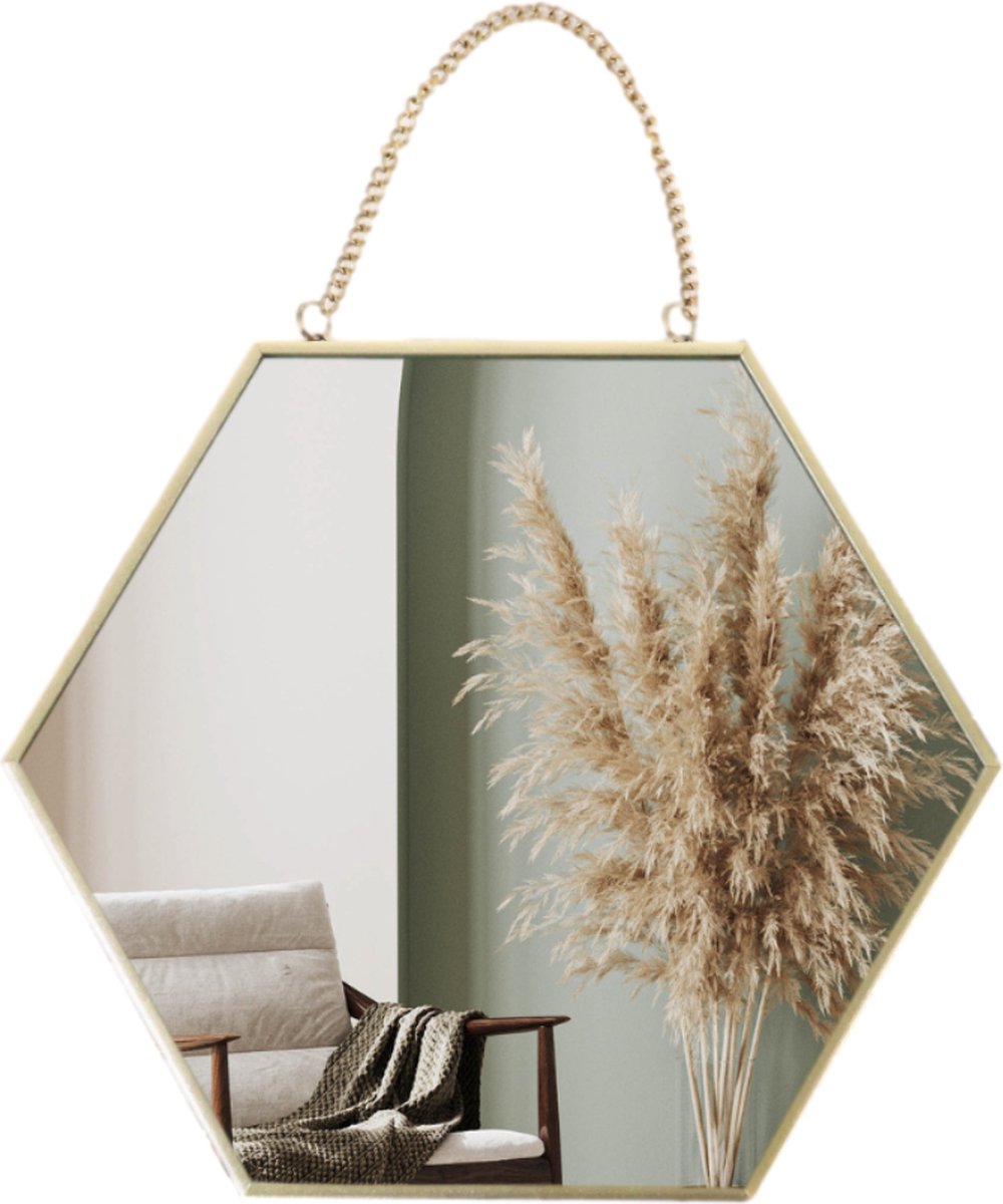 MISOU Hexagon Spiegel - Honingraad - Goud - met Ketting - Wandspiegel - 25x25 - Decoratieve - Accessoires - Wanddecoratie - Miroir Mural - JUNA