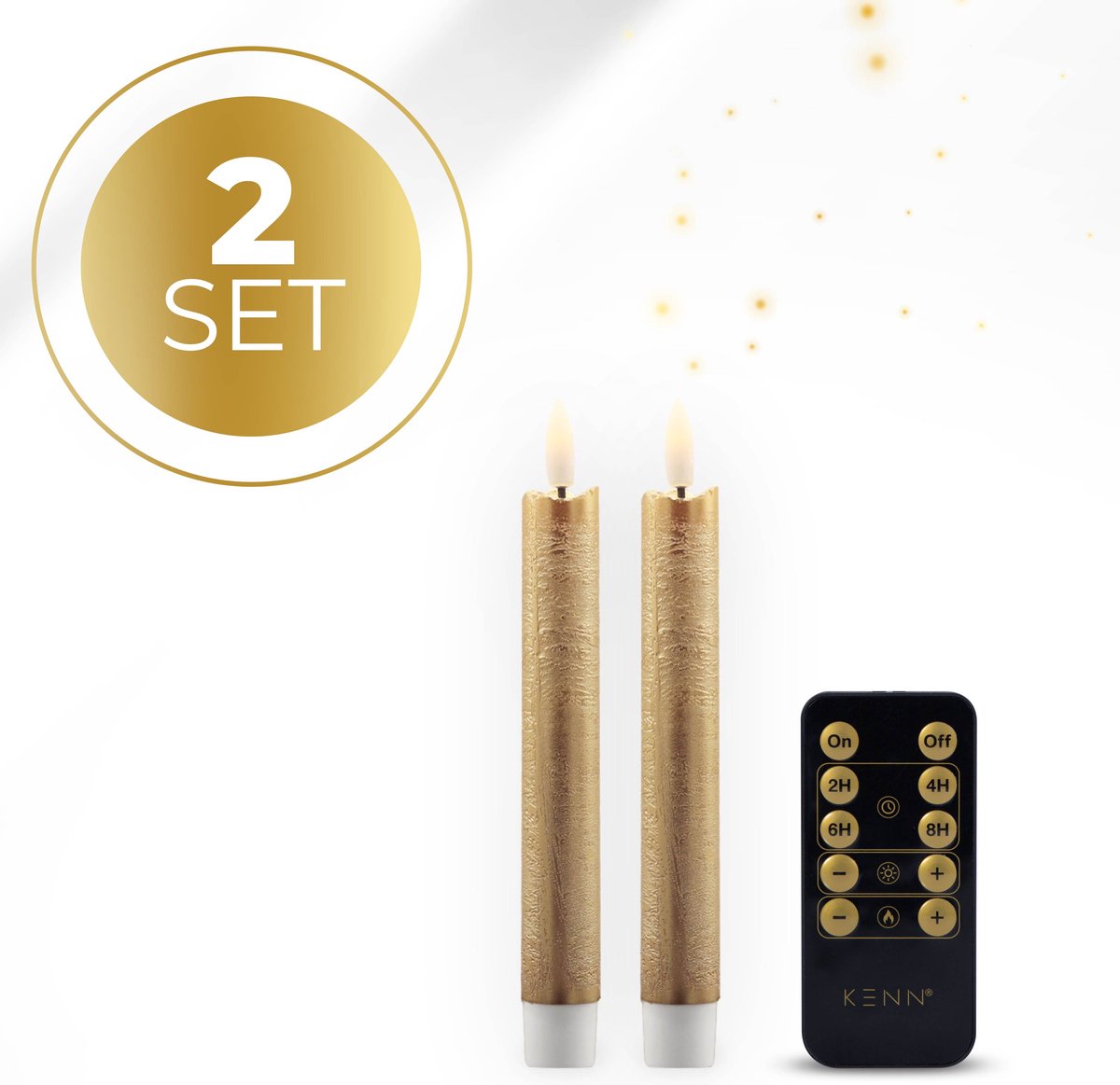 KENN® LED Dinerkaarsen op Batterijen – Klein Formaat – Echte Wax – Set van 2 – Rustiek Goud – Met Afstandsbediening & Timer – Realistische 3D Vlam – LED Kaarsen – Dinerkaars LED – Kaarsen op Batterijen – Tafelkaarsen – Realistisch Flikkerende Vlam