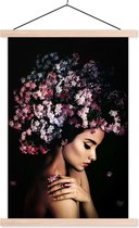 Posterhanger incl. Poster 60x90 cm - Schoolplaat - Bloesem - Vrouw - Roze - Bloemen - Luxe - Textielposter - Blanke latten