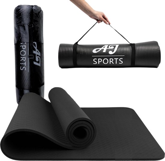 AJ-Sports Yoga mat - Yogamat - Fitness mat NBR - Sport mat - Trainingsmat - Anti slip - Inclusief draagtas - Fitnessmat - Zwart - Yoga - Pilates - Fitness - Foam materiaal - 183 x 61 x 1 cm