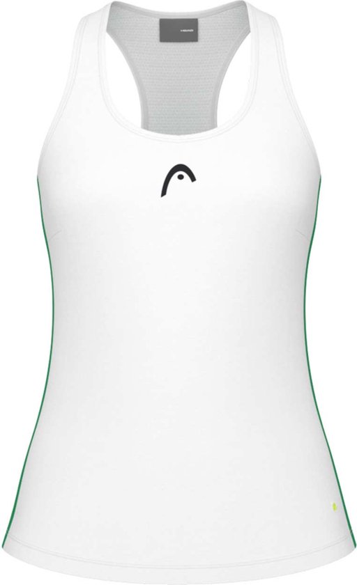 Débardeur de tennis blanc avec dos nageur, logo Head noir et passepoil vert sur les côtés.
