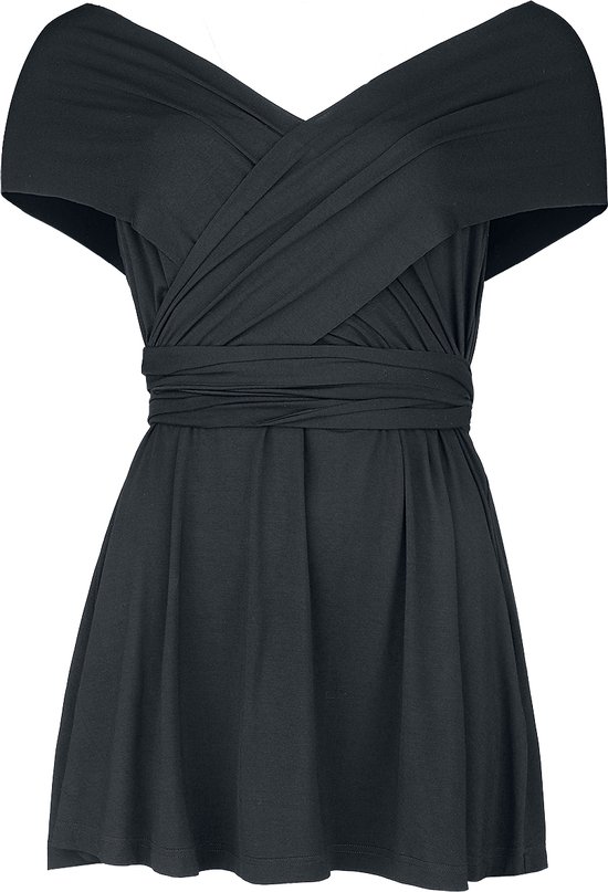 Zwarte top met off-shoulder halslijn en gekruiste stof over de borst, vastgezet met een ceintuur.