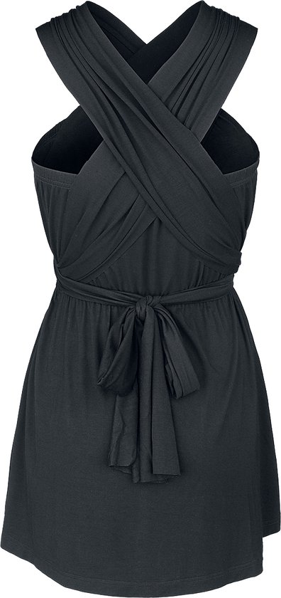 Achterkant van een zwarte tanktop met gekruiste banden en ceintuur met strik.