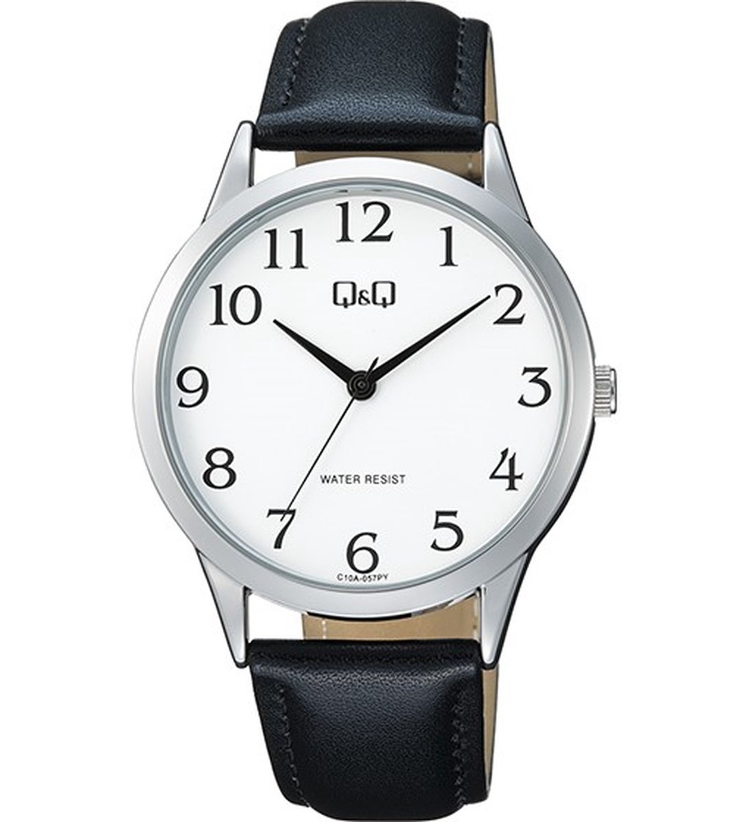 QQ C10A-057PY - Horloge - Polshorloge - Analoog - Mannen - Heren - Leren band - Rond - Metaal - Cijfers - Zwart - Zilverkleurig - Wit