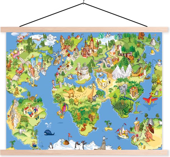 Carte du monde des Kinder animaux et bâtiments plaque d'école lattes plates vierges 150x113 cm - Tirage photo sur affiche textielposter (décoration murale salon / chambre)