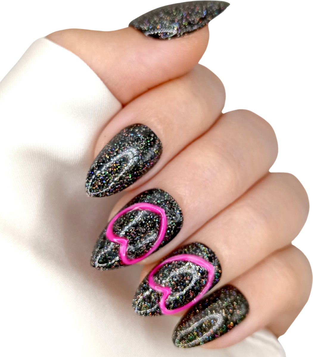 SD Press on Nails - No. 44 Electric Heart - Medium Stiletto - Zwart - Glitter - Neon Hartje - Plaknagels - Gelnagels - Handgemaakte Nagels - 20 stuks - Cosplay - Accessoires - (gel)Nagellak - Nagelstudio - Nail Art - Nagels met lijm - M Nageltips