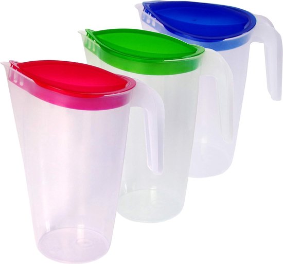 Home Line Sapkan 1,7 L - Waterkan met vastzittende deksel - Drankenkan met druppelvrije uitloop - Waterkaraf koelkastkruik sapdispenser (set van 12 ( blauw, groen, rood