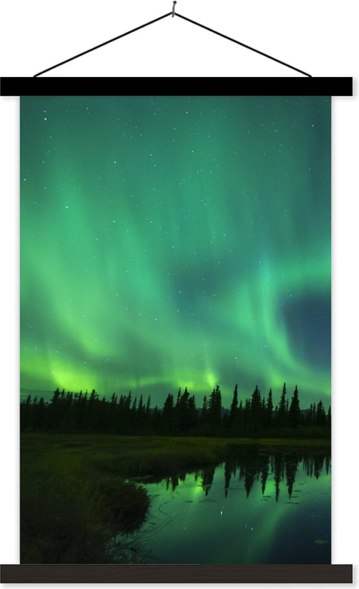 Posterhanger incl. Poster 60x90 cm - Schoolplaat - Noorderlicht - Bomen - Water - Alaska - Textielposter - Zwarte latten