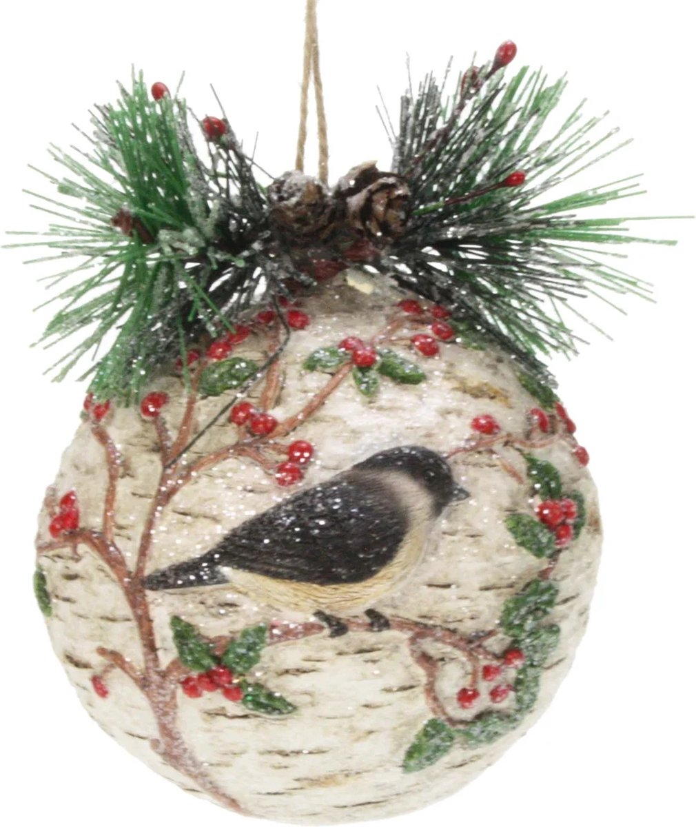 Ornament berkenbal met mees Ø9x10cm