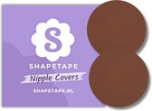 Verpakking Shapetape Nipple Covers met twee ronde, bruine tepelcovers.