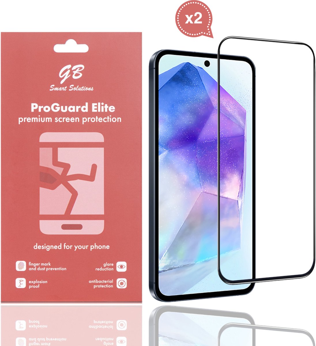 GB ProGuard Elite Screenprotector voor Samsung Galaxy A55 – 2 stuks – Gehard Glas – Volledige Dekking – Krasbestendig & Schokabsorberend