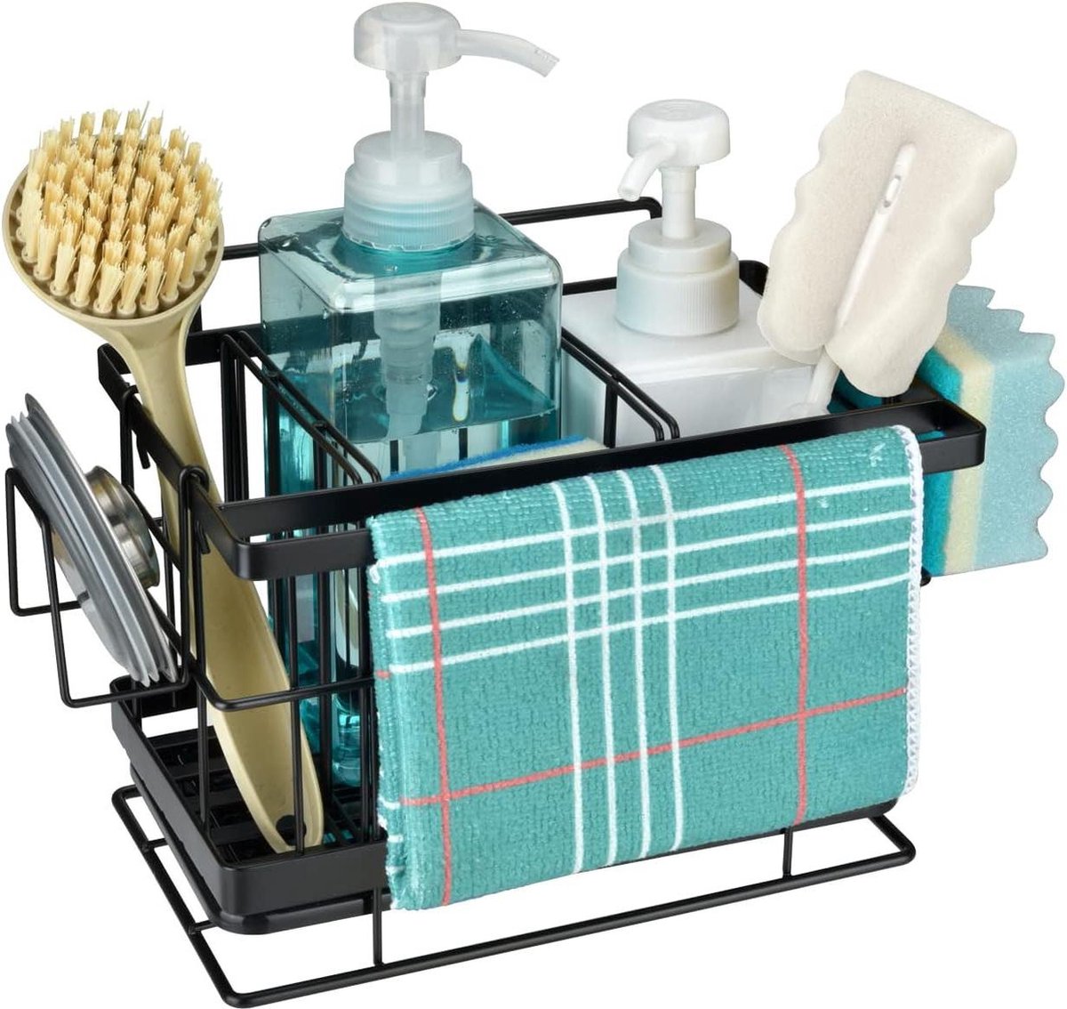 Wastafelorganizer voor keuken - opberghulp roestvrij staal - zwart met afvoerbak sponshouder gootsteen magnetische
