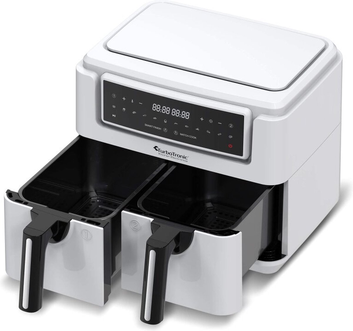 TurboTronic AF118 Dubbele Airfryer XXL - Digitale Heteluchtfriteuse - Dubbele mand - 7,6 Liter - 2x 3,8L - 12 programma's - Touchscreen - Wit
