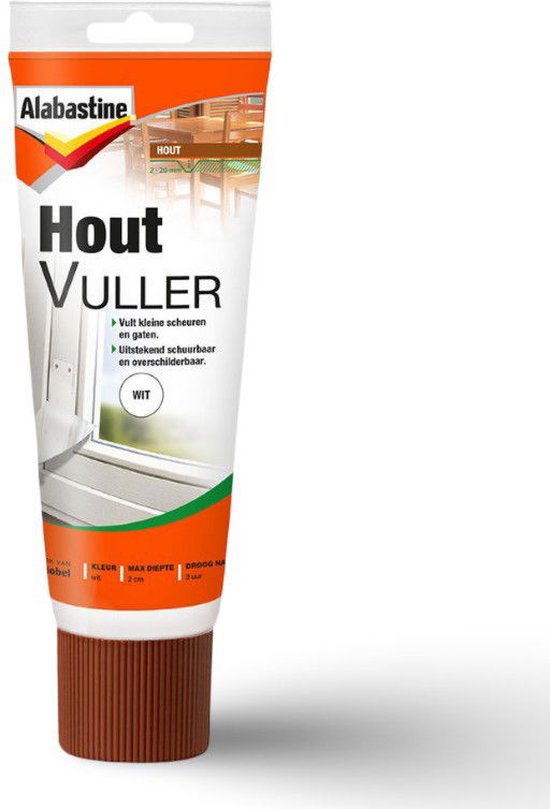 Alabastine houtvuller in witte tube met oranje dop, voor het vullen van scheuren en gaten in hout.