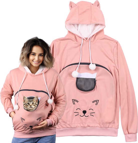 HOMELEVEL hoodie met buidel voor huisdier - Warme sweater dames - Trui met buidel voor kat of kleine hond - Hoodie dames met kattenoren
