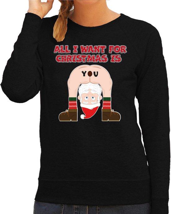 Bellatio Decorations Foute Kersttrui/sweater voor dames - all I want is - zwart - blote kont - kerstman XS