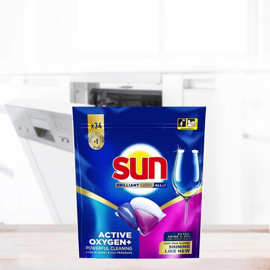 Sun - Vaatwascapsules - Brilliant Shine - All-in 1 -met Active Oxygen+ - 4 x 34 Stuks - Voordeelverpakking