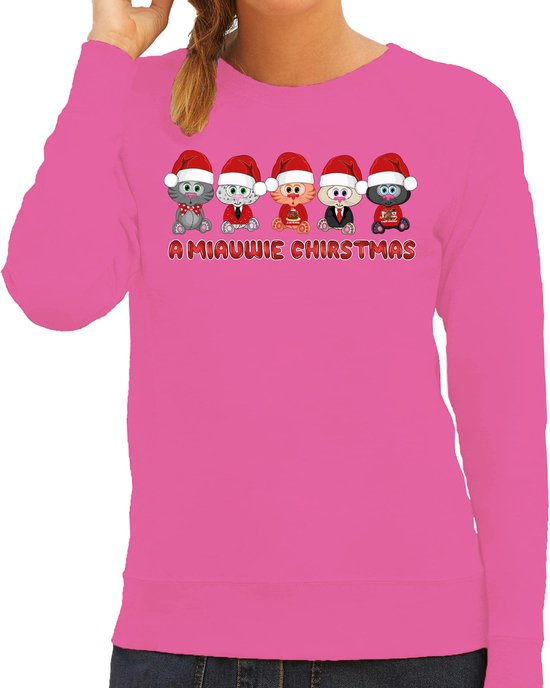 Bellatio Decorations Foute Kersttrui/sweater voor dames - miauwie kerstfeest - roze - Kerst poesjes XXL