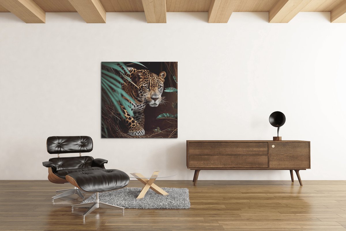 Trendex Global Canvas Schilderij - Luipaard - Wild Dieren - Wanddecoratie - 60x60x2 cm Zwart