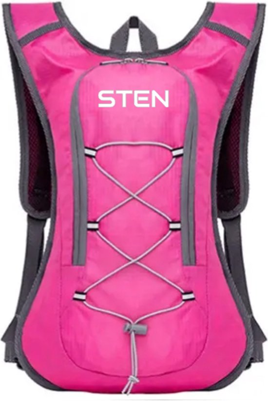 Roze rugzak met STEN logo, elastische veters en grijze randen.