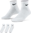 Twee witte Nike enkelsokken met zwart Nike logo, en een miniatuurweergave van drie sokken.