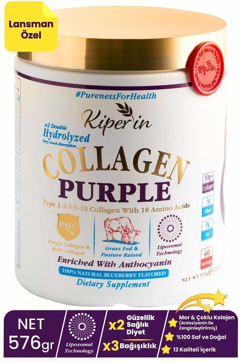 Goedkoopste Kiperin Purple Collagen Paars Verrijkt met anthocyanine Dieetsupplement Liposomal Technology 100 Pure en Natuurlijke paarse en meerdere collageenpeptiden Type 1-2-3-5-10 Collageen met 18 aminozuren (50dagen) 576 g