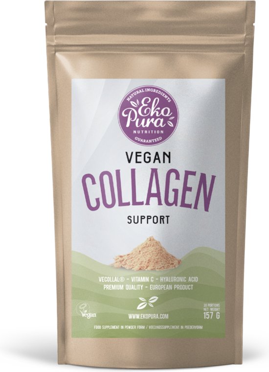 Bruine zak met 'Vegan Collagen Support' erop. Binnenin een hoopje poeder.