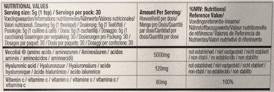 Voedingswaarden per portie 5g: 5000mg Vecollal, 120mg hyaluronzuur, 80mg vitamine C.