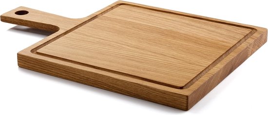 Foto: Plank massief eikenhout met sapgleuf en handvat 38 x 26 cm grote houten keukenplank hoogwaardige steakplank en serveerplank gemaakt van het beste europese hout