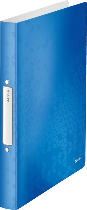 Classeur Leitz bleu avec un motif géométrique subtil, une étiquette et un logo Leitz.