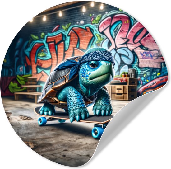 Blauwe schildpad met bandana op skateboard voor graffiti