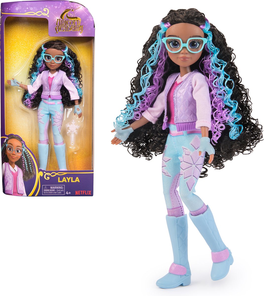Unicorn Academy - pop layla van 24 cm met highlights in het haar - 5 modeaccessoires - eenhoornspeelgoed