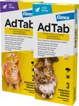 Twee dozen Elanco AdTab kauwtabletten voor katten, met een oranje kat op de linker doos en een cyperse kat op de rechter doos.