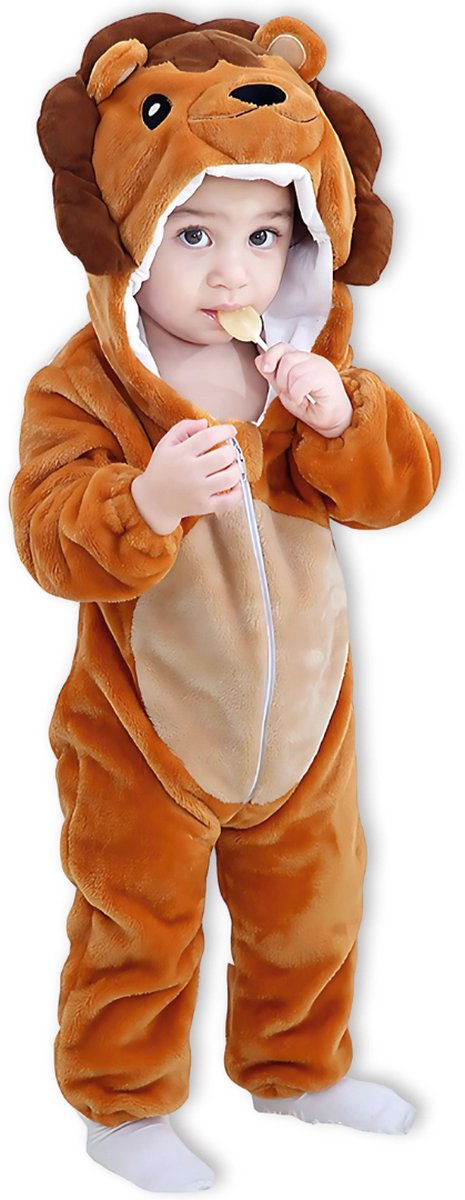 BoefieBoef Dieren Baby Onesie Peuter Pyjama Kinderen 6 maanden tot 2 jaar – Leeuw bruin – Verkleedkleding met Luierrits – Carnaval Dierenpak - Kerst en Kraamcadeau Tip – Zacht Flanel - Romper - Boxpak - Jongens - Meisjes - Kruippak - Winterpak - Lion