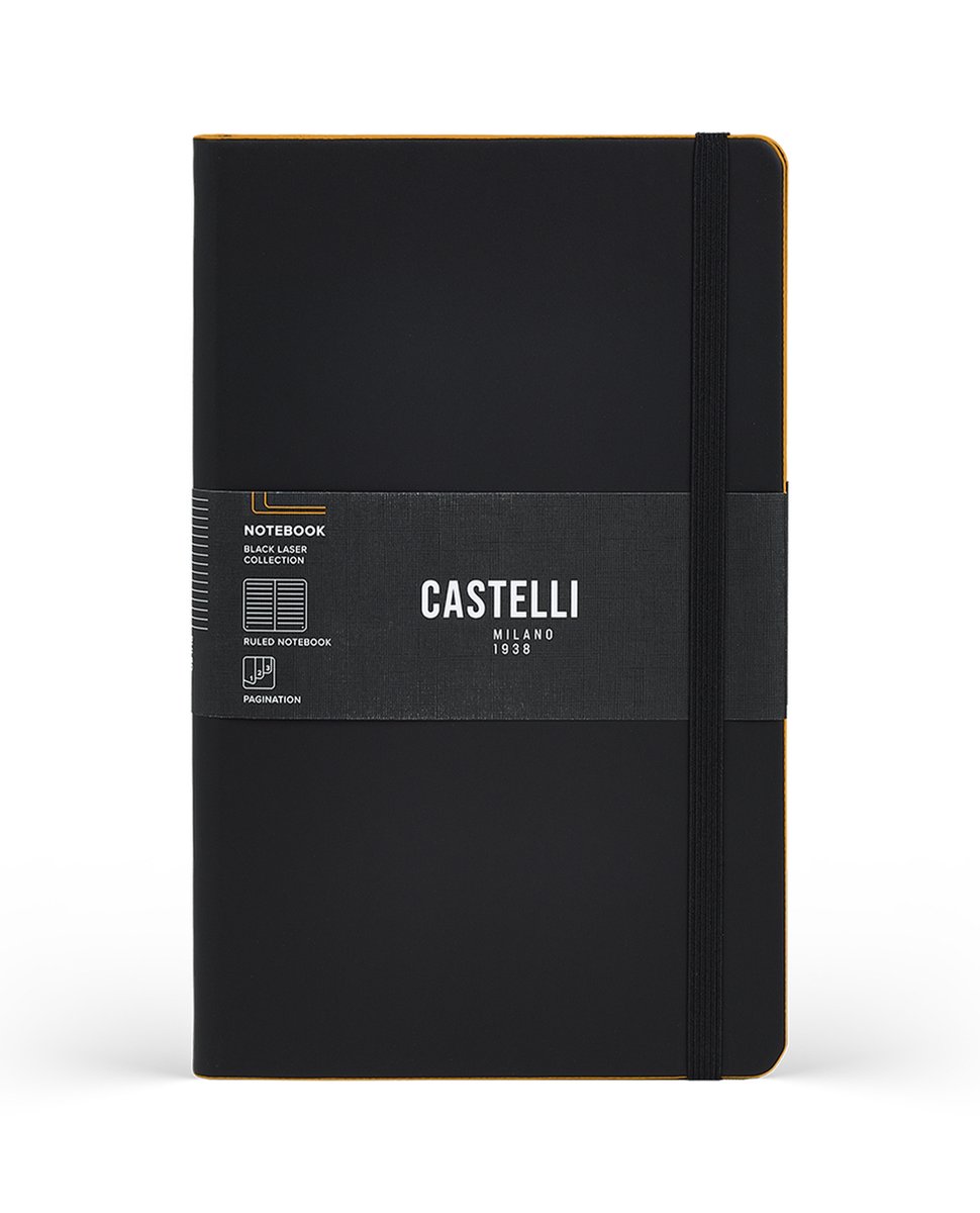 Notitieboek A5 Castelli Milano – 13×21 cm - Zwart - Black Laser / Ocra – gelinieerd – luxe Italiaans design – Made in Italy