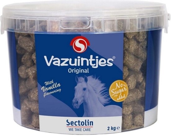Een 2kg pot Sécotlin Vazuintjes Original met een paard erop. Met vanillesmaak. Geen toegevoegde suikers.