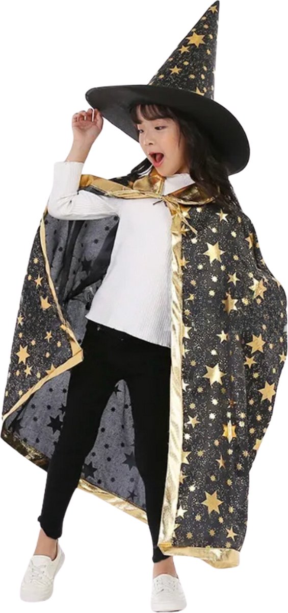 Joya Kids® Tovenaars Cape en Hoed Zwart | Halloween Verkleedset als Tovenaar | Verkleedkleding | Cape en Muts set Merlijn | Zwart