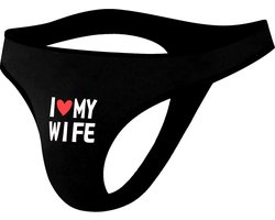 Sexy Zwarte Heren String – Lage Taille, Ademend Ondergoed met I Love My Wife Print