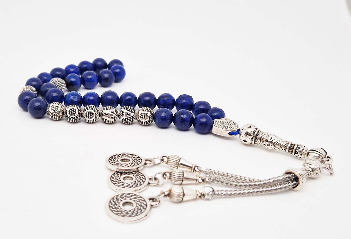 Handgemaakte naam tasbih 33 Kralen Natuursteen “ Azuur” - met metaal tassel “Omarmen"- Met je naam of de naam van uw geliefde- 8 mm diameter van de korrel