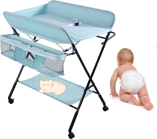 MUL-BOUTIQUE Luiertafel, inklapbaar, afneembare luiertafel met kleppen en opbergmand, draagbaar, in hoogte verstelbaar, voor baby's (blauw, 80 x 66 x 98 cm