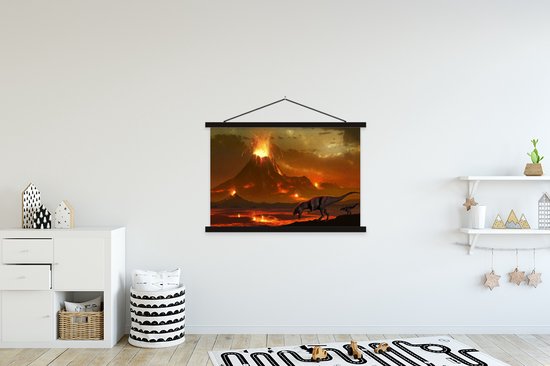 Posterhanger incl. Poster 120x80 cm - Schoolplaat - Dino - Vulkaan - Lava - Illustratie - Kinderen - Jongens - Kids - Textielposter - Zwarte latten