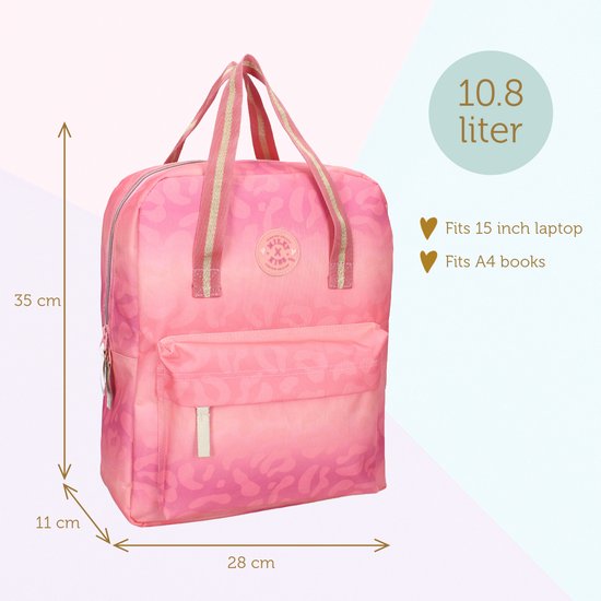 Roze rugzak met een subtiel luipaardpatroon, een ruim voorvak en goudkleurige strepen op de schouderbanden. Afmetingen: 35x28x11cm.