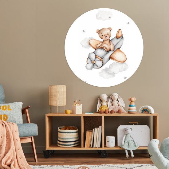 WallCircle® - Papier peint cercle 100x100 cm - Stickers muraux - Avion - Etoiles - Enfants - Cercle mural - Accessoires chambre d'enfant - Décoration chambre bébé - Cercle mural autocollant