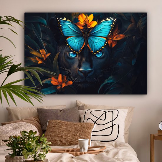 Peinture sur toile 120x80 cm - Décoration murale Panthère - Papillon - Blauw - Fleurs - Nature - Décoration murale murale salon - Décoration chambre - Accessoires de chambre - Peintures